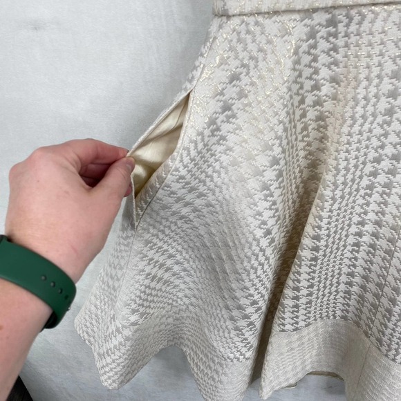 NWT Erin Erin Fetherston Women's Elsie Herringbone Jacquard Belted Ivory Dress-2 - Picture 6 of 9